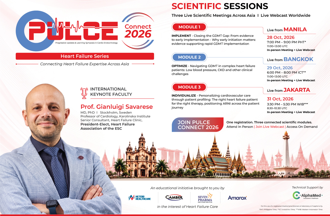 PULCE Connect 2026 Heart Failure Series. International keynote faculty Prof. Gianluigi Savarese. Scientific sessions: IMPLEMENT in Manila on 28 October, OPTIMIZE in Bangkok on 29 October, and INDIVIDUALIZE in Jakarta on 31 October 2026. In-person meetings and live webcast worldwide.